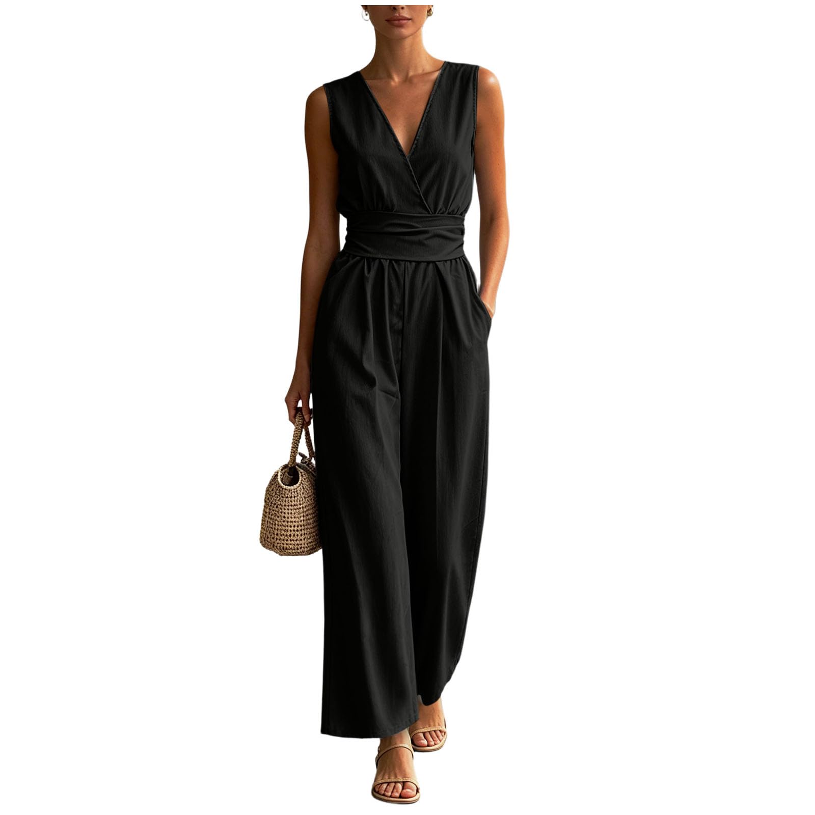 Salopette da Donna Pantalone Lungo da Lavoro Estivi Senza Maniche con Grandi Tasche Scollo a V Elegante Tuta Lang Tutina Jumpsuit Gamba Allentata Vita Alta Aderente Gamba Larga Spiaggia Vacanza Outfit