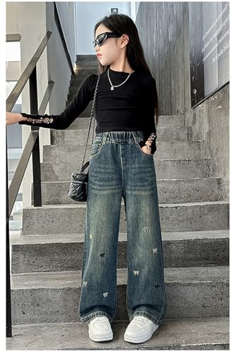 Kids Girls Casual Baggy Wide Leg Denim Pants Elastic Waist Jeans Age 5-144