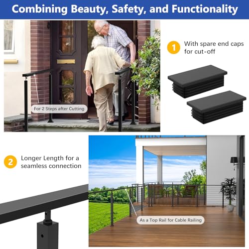 Image of 4Pack 10FT Stainless Steel T304 Black Handrail for Cable Railing with Nylon End Cap Kits, 2.36 inch W x 1.18 inch H Cuttable Flat Handrail Rectangular Top Rail for Stair Railing Indoor Outdoor