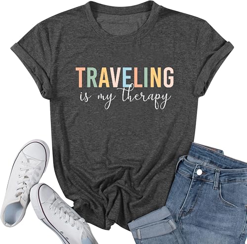 Travel Graphic Tshirts for Women Funny Saying Tees Traveling is My Therapy Letter Print Short Sleeve Hiking Camping Tops-XL (Grey)