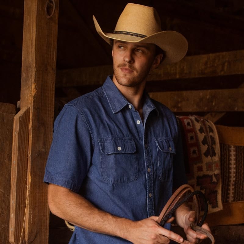 Dubinik®Mens Short Sleeve Button Down Shirts Denim Short Sleeve Shirt Men Two Pocket Western Soft Work Casual Denim Shirt - Image 2