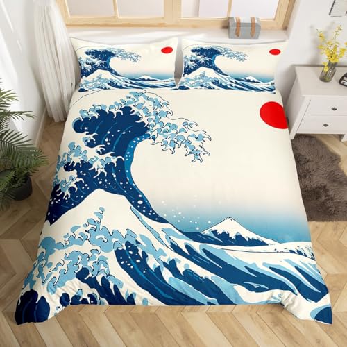 Castle Fairy Japanese Wave Bedding Set,Blue Ocean Duvet Cover for Kids Teen Boys Girls,Hokusai Ukiyoe Comforter Cover Decorative Room,Abstract Sunset Quilt Cover with 2 Pillowcases,King Size