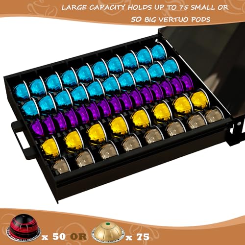 Coffee Pod Holder Drawer Organizer with Deluxe Black Tempered Glass Top, Compatible for Nespresso Vertuo Pods, Holds up to 75 Small or 50 Big Vertuo Pods Compact Design (Piano Black)