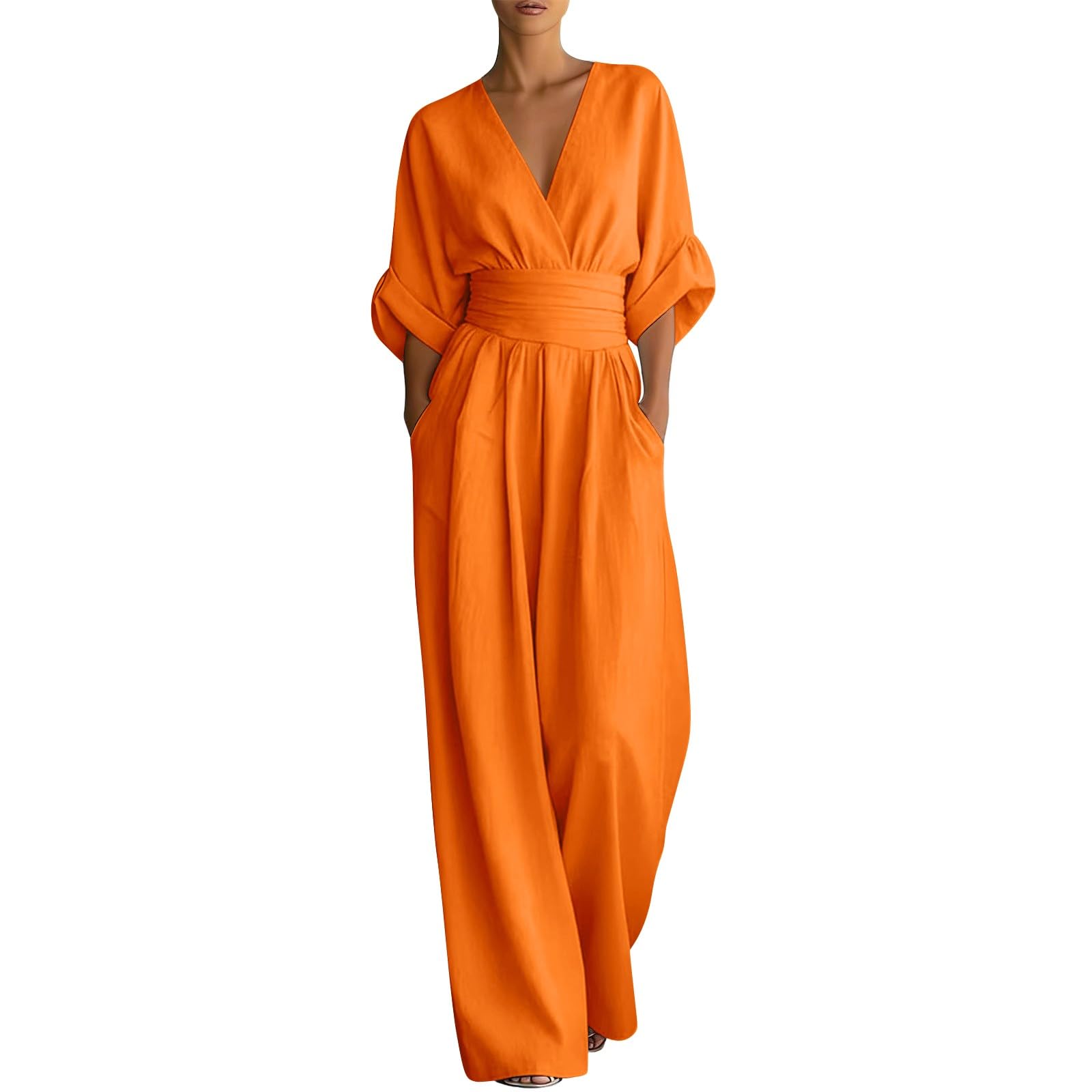 Generisch Tuta da donna elegante, taglie grandi, tuta intera a mezza manica con scollo a V, tuta sciancrata, tuta lunga a gamba larga, tinta unita, tuta intera in mussola per matrimoni e feste