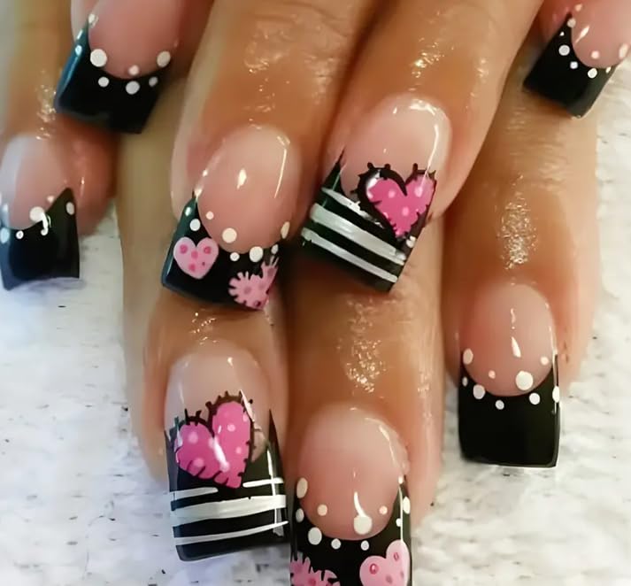 French Tip Press-on Nails, Black and Pink Hearts Design, 24 Pieces, Artificial Nail Set with Floral Pattern