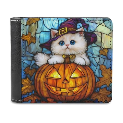 Halloween White Kitten on Carved Pumpkin Soft PU Leather Bifold Wallet, Coin Purse Credit Pass Case, Durable Card-Holder Slim Billfold for Men Woman Money Storage