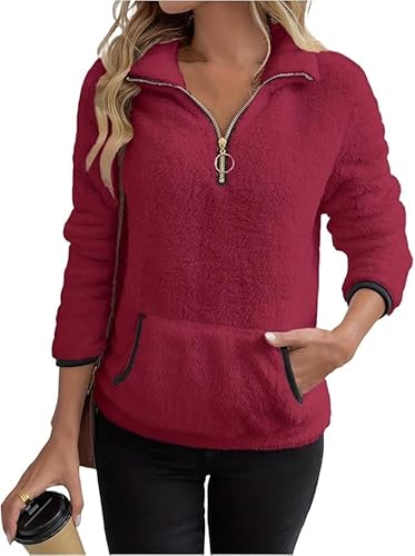 Quarter Zip Long Sleeve Pullover Women Mock Neck Half Zip Sweatshirt Winter Warm Sherpa Fleece Sweater with Pocket (Dark Red,X-Large)