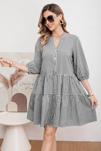 Image of utcoco Women's 2026 Spring Summer Plaid Shirt Dress 3 /4 Puff Sleeve Button Down Loose Casual Midi Dress with Pockets
