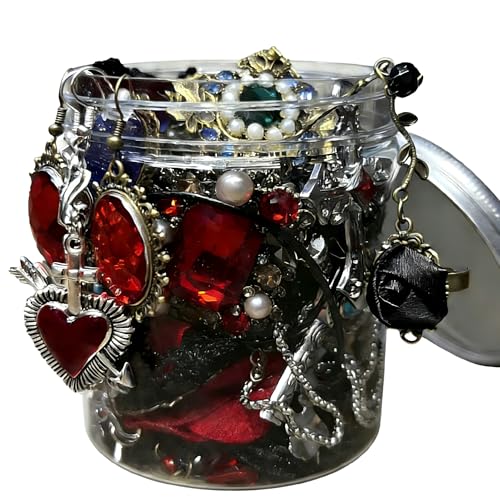 TNRASRTEA Vintage Gothic Mystery Jewelry Jar for Women,40-45 Piece Y2k Grunge Alt Punk Jewelry Set(Necklaces, Earrings, Rings, Bracelets, Brooches, Nail Stickers)，Birthday Gifts for Women