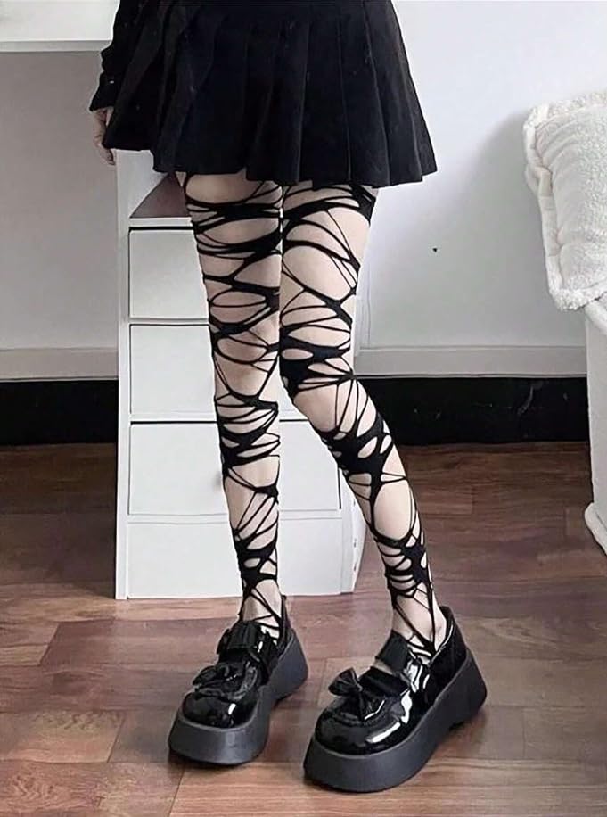 Image of Women's Ripped Tights, Gothic Punk Perforated Stocking, Women's Tights Y2K Ragged Pantyhose Hosiery