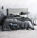 ECOCOTT Grey Duvet Cover King Size, 100% Washed Cotton 1 Duvet Cover with Zipper and 2 Pillowcases, Ultra Soft and Easy Care Breathable Cozy Simple Style Bedding Set (Dark Grey)