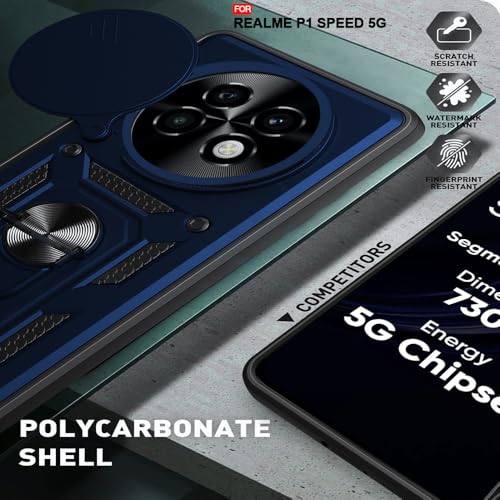 Image of AESTMO Tough Armor Realme P1 Speed Bumper Back Case Cover | Ring Holder & Sliding Camera Shield Cover | 360 Degree Protection Back Case Cover for Realme P1 Speed (Blue)