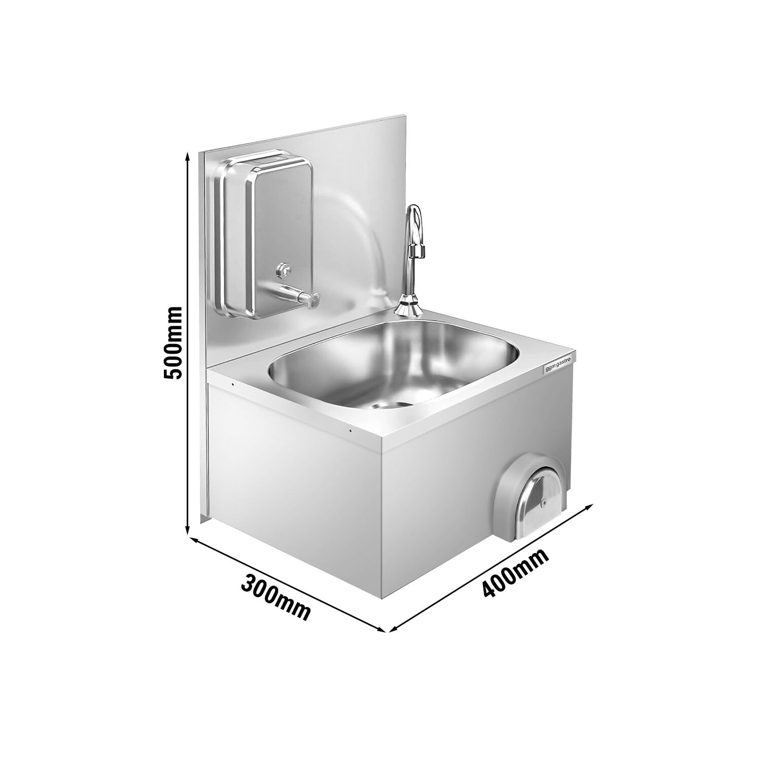 Handwaschbecken - Edelstahl - mit Wasserhahn, Kniebedienung & Seifenspender | Hygienische Kniebedienung, robuster Edelstahl AISI 304, einfache Wandmontage, integrierter Seifenspender, pflegeleicht