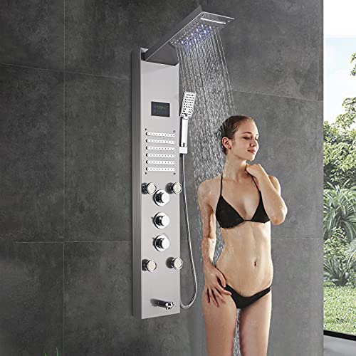 Saeuwtowy Colonne de Douche Hydromassante LED Nickel Brossé Acier Inox Avec 4 Grandes Buses Massants et 12 Micro-jets de Massage Installation au mur