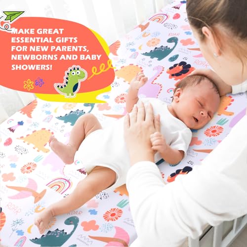 Image of JISEN Baby Crib Sheet 1 Piece Portable Fitted Crib Sheet for Standard Crib and Toddler Mattresses Nursery Bed Decor for Boys Girls 28x52 Inch Multicolor Dinosaurs