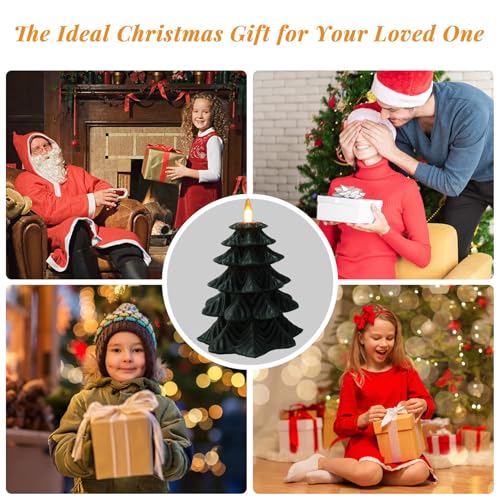 Image of Christmas Tree Flameless Candles with Remote Timer, Battery Operated 3D Wick LED Flickering 4'' x 5.5'' Candles Real Wax Green for Holiday Decor