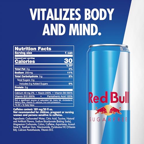 Image of Red Bull Sugar Free Energy Drink with 189mg Caffeine plus Taurine & B Vitamins, 20 Fl Oz, Pack of 12 Cans