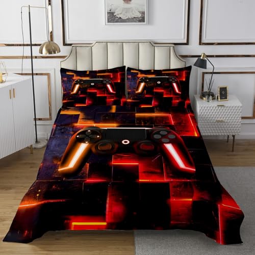 Erosebridal Gamepad Print Queen Quilt Set for Kids Boys Girls Contemporary Gradient Grid Coverlet Set, Black Red Orange Bedding Set Gamer Gaming Bedspread Set, Abstract Ombre Square Bed Quilt