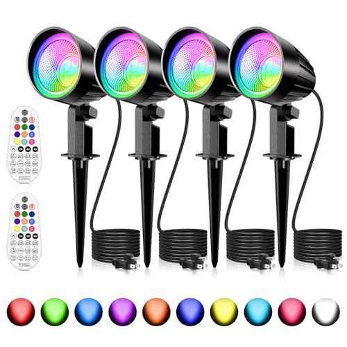 MEIKEE 15W RGBW LED Landscape Lights, Color Changing Landscape Lighting with 4.9FT Cable US Plug, IP66 Dimmable Timing Outdoor Spotlights for Garden Pathways Christmas Decoration 4 Pack