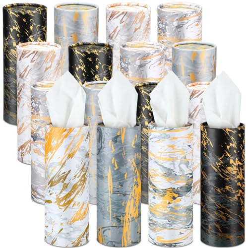 Image of Thenshop 16 Pack Car Tissue Holder 3 Ply Facial Tissue Bulk Marble Modern Tissues Cylinder Travel Round Boxes Fits Car Cup Holders Small Tissues Container for Home Bathroom Everyday Refill