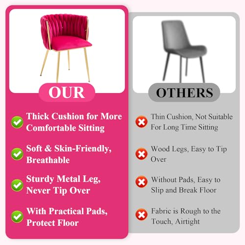 NIOIIKIT Modern Velvet Dining Chairs Hand Weaving Accent Chairs Living Room Chairs Upholstered Side Chair with Golden Metal Legs for Dining Room Kitchen Vanity Living Room (Rosered)