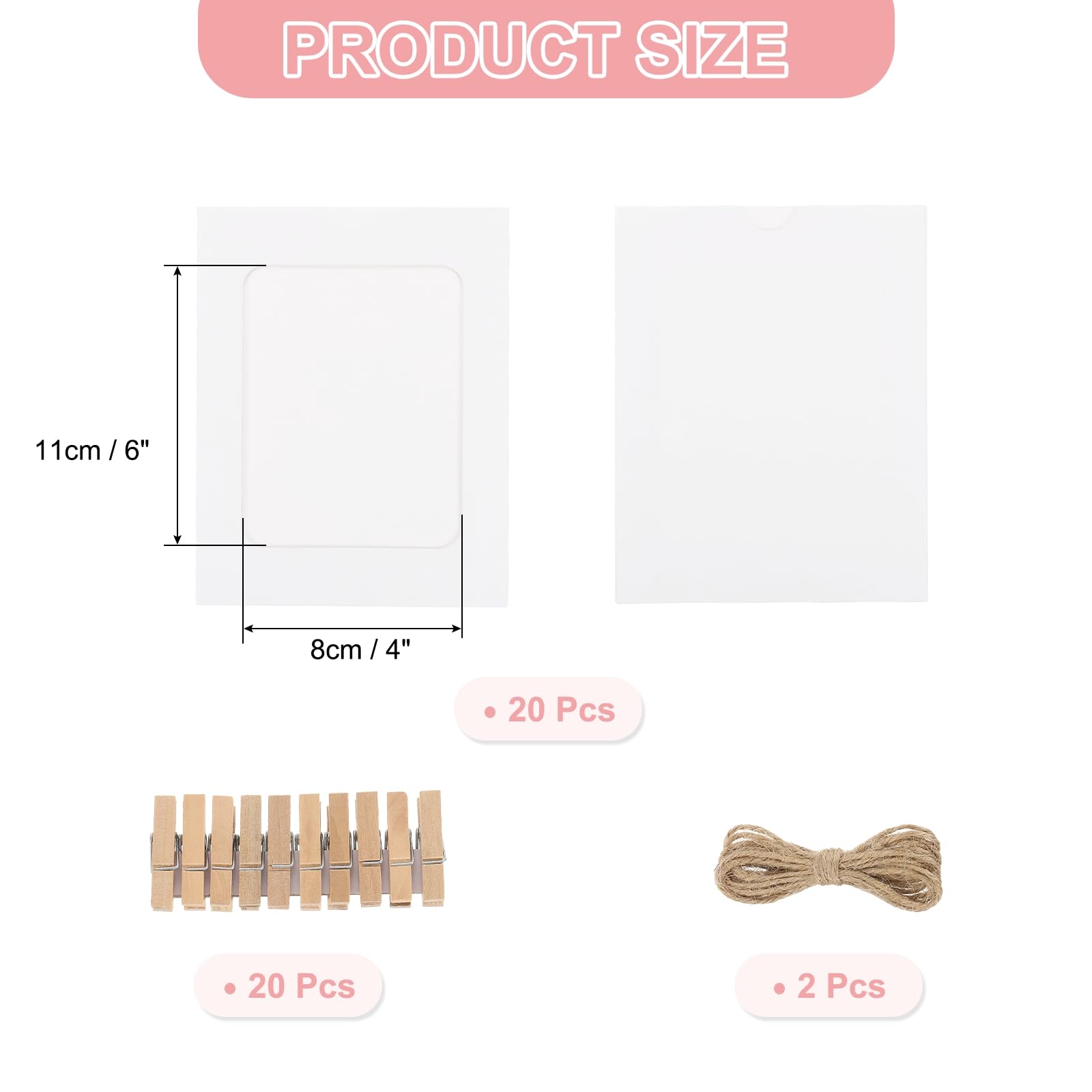 uxcell 20pcs Paper Photo Frames Kit, 4 x 6 Kraft Photo Display Banner with Clips and String Picture Frame Hanging Display for Wedding Birthday Party Wall Decor, White