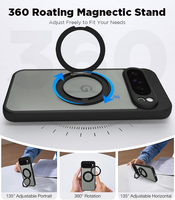 Image of RIGGEAR Shockproof Sleek Hybrid Armor 360 Rotating Magnetic Ring Stand Back Cover Case Compatible with MagSafe Accessories for Google Pixel 9 Pro XL (Clear PC + Black TPU Bumper)