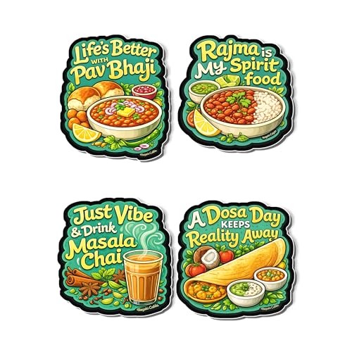 Image of Regalo Casila Indian Food Quotes Fridge Magnet 4 Pc Set Tourism Souvenir Wooden Travel Magnet Pav Bhaji Rajma Chai Dosa Refrigerator Magnet Decorative Kitchen Decor Gift