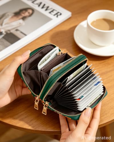 Image of Green Floral Credit Card Holder for Women,Accordion Wallet | RFID Blocking Card Wallet, Vegan Leather with Wristlet, dual independent zipper compartments,17 Card Slots