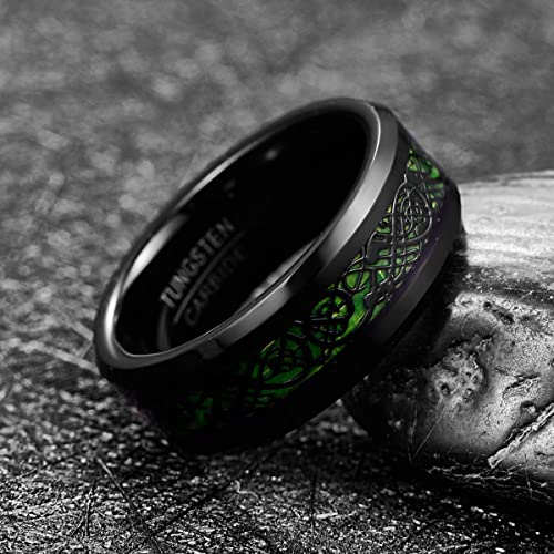 8mm Black Tungsten Rings for Men Celtic Dragon Wedding Ring with Blue/Green Carbon Fiber/Red Opal Paper Inlay Comfort Fit Size 5-142