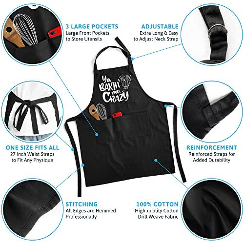 Popkoh Funny Baking Apron For Women Men With 3 Pockets - Cute Apron Cooking Gift For Bakers, Friends, Mom, Daughter, Wife, Girlfriend, Sister, Chef, Birthday - Large 100% Cotton Ya Bakin' Me Crazy #TOP3