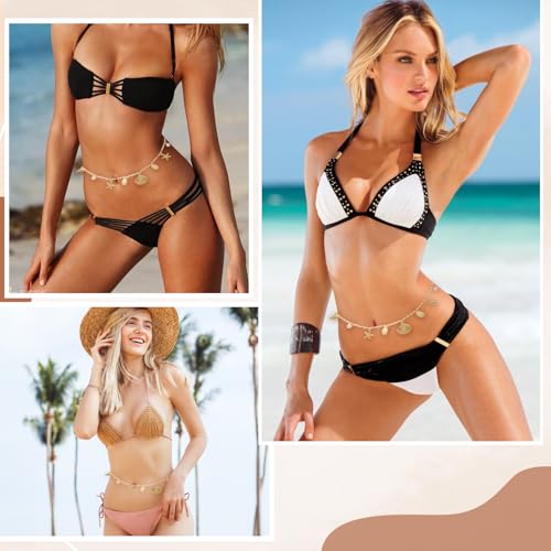 Image of TecoKart Waist Chain for Women with Shell & Starfish Charms - Sexy Belly Chain for Saree, Bikini, Crop Tops, Beachwear & Festival Outfits - Adjustable Body Chain in Gold