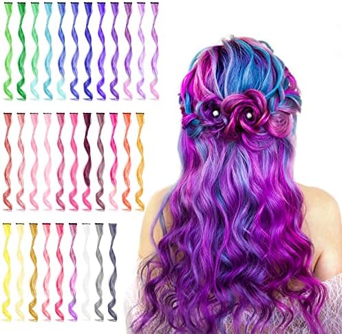 32 PCS Colored Clip in Hair Extensions, BEAHOT 17 Inch Rainbow Long Curly Wavy Hairpieces Clip in Synthetic, Halloween Cosplay Dress Up Fashion Party Christmas New Year Gift for Women Kids Girls