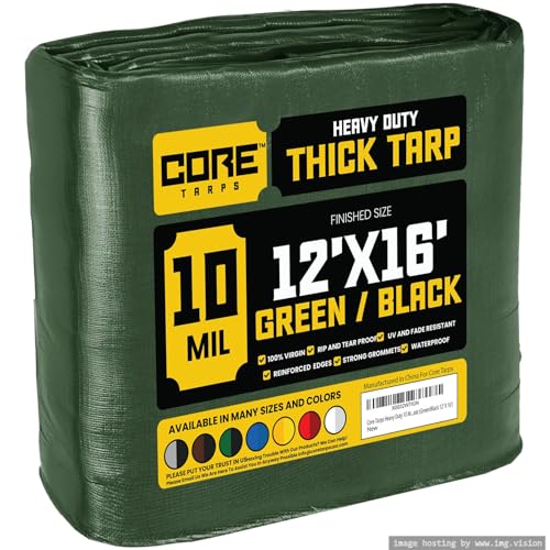 Core Tarps Heavy Duty 10 Mil Tarp Cover, Waterproof, UV Resistant, Rip and Tear Proof, Poly Tarpaulin with Reinforced Edges for Roof, Patio, Pool, Boat (Green/Black 12′ X 16′)