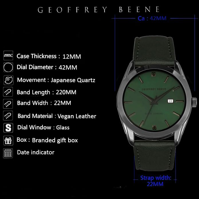 Image of Geoffrey Beene Mens Watch Leather Band Quartz Movement Stainless Steel Caseback with Auto Date Elegant Gift for Men Wrist Watches for Men Reloj para Hombre, Green