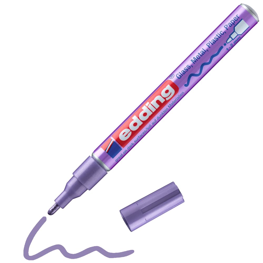 edding 751 gloss paint marker - violet metallic - 1 paint marker - round tip 1-2 mm - paint pen for glass, pebbles, wood, plastic, paper - waterproof, high coverage