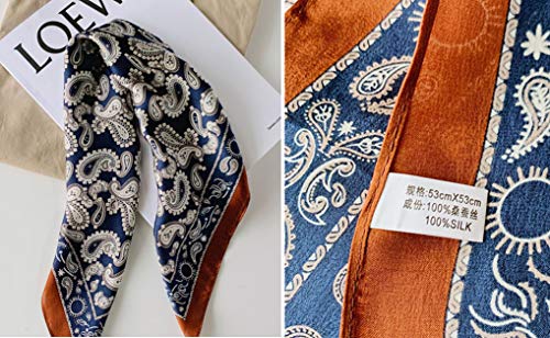 Meisee Pure Natural Mulberry Silk Scarfs Women Small Square Scarf 21" X 21" Breathable Lightweight Neckerchief Printed Headscarf (A-Blue + Coffee-10) #TOP3