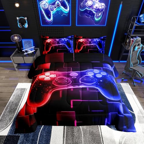 Erosebridal Kids Gamer Comforter Set Twin, Gaming Bedding, Video Games Gamepad Bedding Comforter Sets Neon Glowing Square Geometric Grid Red Blue Bedroom Decor Duvet Insert