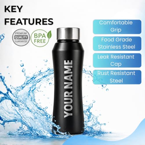 Image of Speedex Customised Stainless Steel Water Bottle 1 Ltr with Engraved Name - Personalised Screw Lid Bottle for Kids, Men & Women, School, Office, Gym, Black, Set of 1