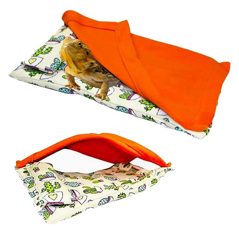 Bearded Dragon Hammock Sleeping Bag Set- Hanging Pet Bed with Pillow and Blanket Hideout Habitat with Soft Warm for Bearded Dragon Lizard Leopard Gecko and Small Pet Animal?Beige + Orange Quilt?