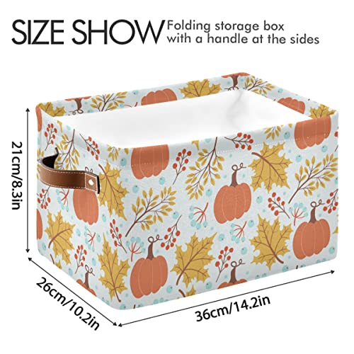 Image of Fall Pumpkin Storage Basket Fabric Storage Bin Laundry Baskets Autumn Maple Leaves Foldable Storage Boxes Organizer Bag for Baby Cloth Dog Toy Book Storage Cubes Shelf Closet Basket 16x12x8 Inches