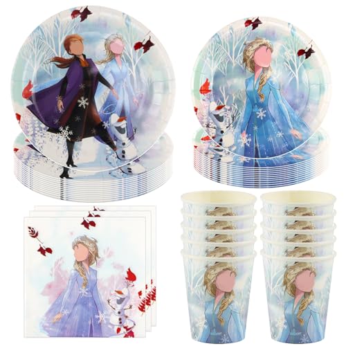Hmfmdy Ensemble de Vaisselle pour Fête Reine des Neiges, 50 Pièces Décoration de Fête Anna et Elsa, Vaisselle D'anniversaire Princesse avec Assiettes,...
