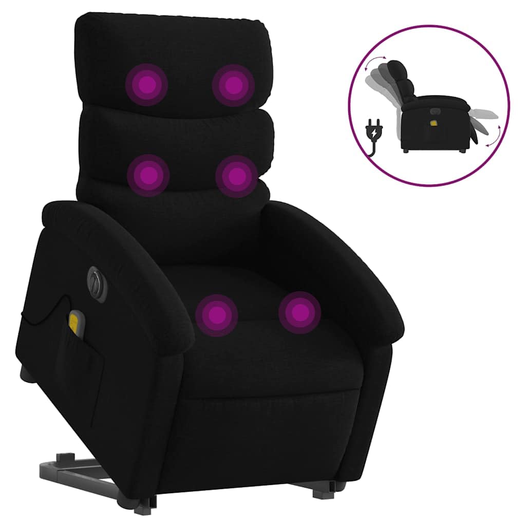 Sillón elevador eléctrico eléctrico negro de tela con 6 puntos de masaje y función reclinación 135 grados, cómodo y estable para adultos, asiento acolchado con marco