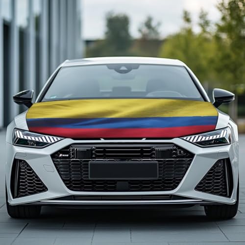 Image of Colombia Flag Print Car Hood Cover Elastic Polyester Car Hood Protector Auto Patriotic Decorations Waterproof Sunproof Automotive Exterior Accessories for Sports Events and Outdoor Use