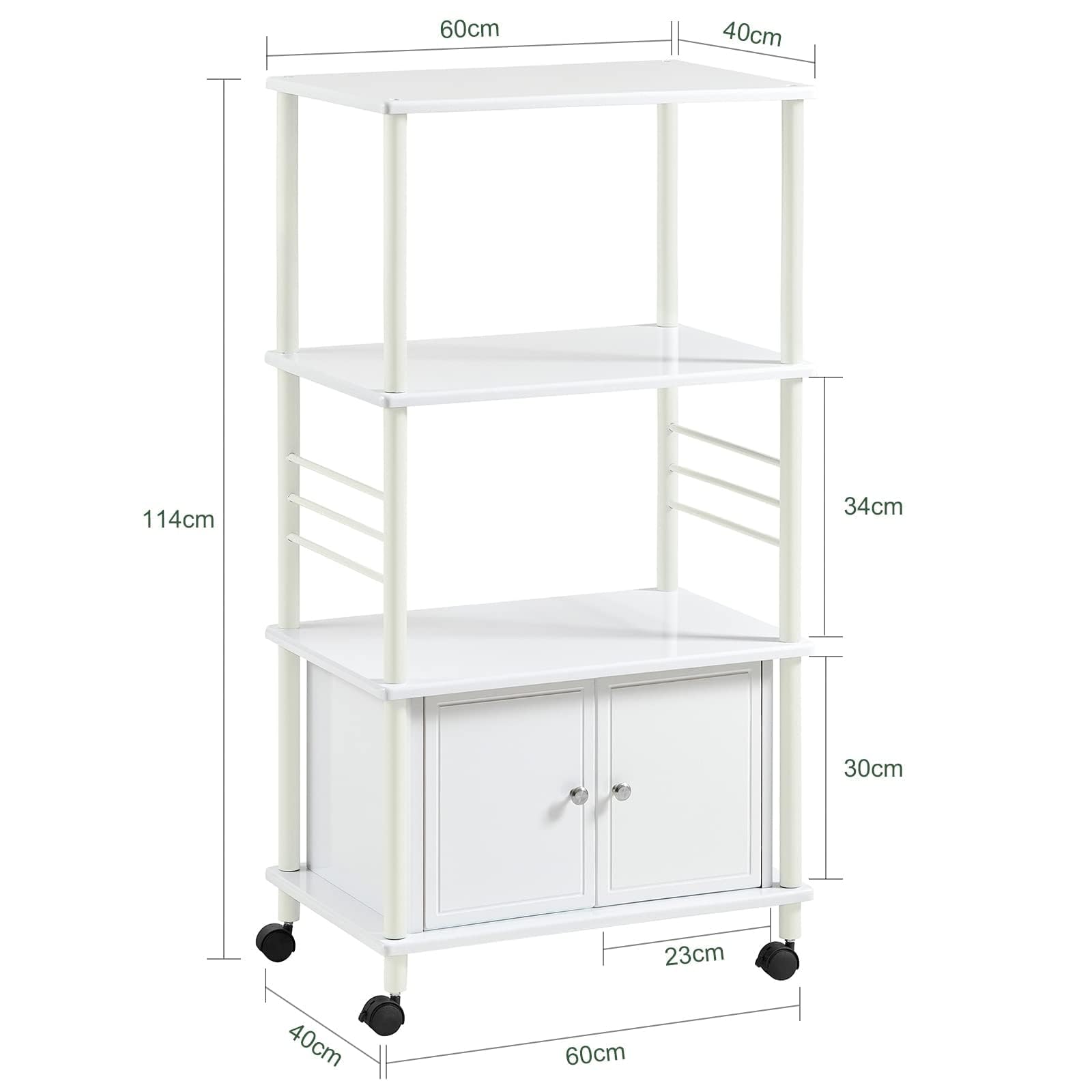 SoBuy Carrito Cocina con 3 Estantes & 2 Puertas, microondas, 60×115×40cm | Mueble Microondas con Ruedas, fácil mover & bloquear, barras laterales anticaída, MDF/metal, para cocina & comedor, FRG12-W
