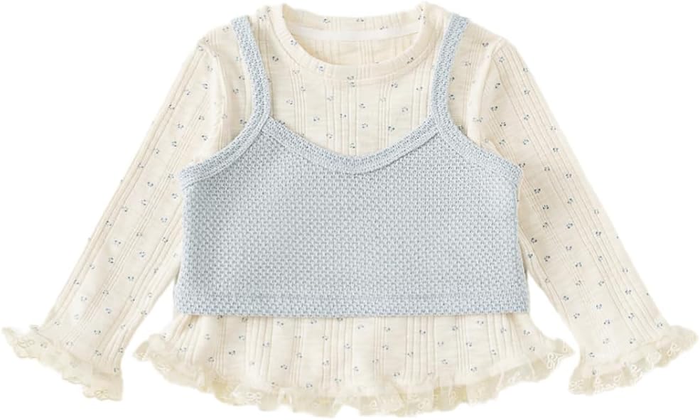 Irsutey Toddler Baby Girls Round Neck Lace Trim Camisole Vest And Ruffled Hem Long Sleeve Top Two Piece Set