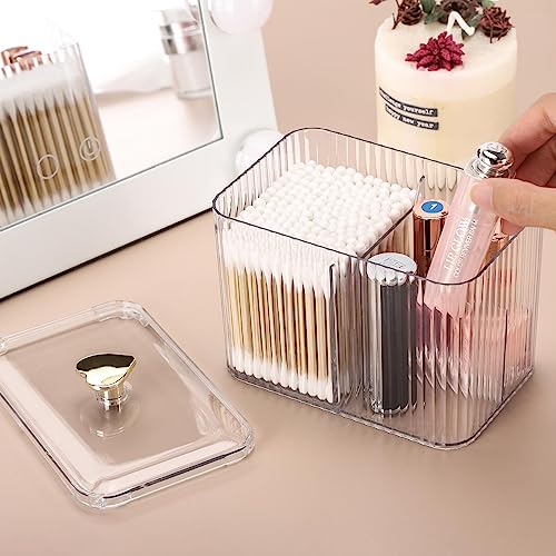 Image of Tbestmax Qtip Holder Dispenser 3-Section Clear Bathroom Organizer Jar 3 Grids Cotton Swab /Pad /Ball Holder Container Cosmetics Storage for Vanity(2 Pack)