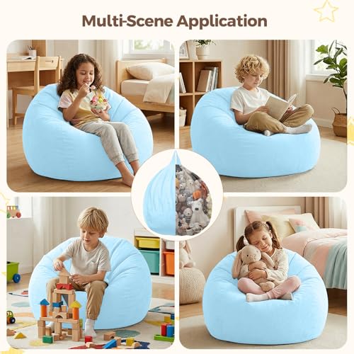 Image of Stuffed Animal Storage Bean Bag Chair Cover for Kids (No Filler), Soft Comfy Velvet Beanbag Chair Cover Machine Washable,Kids Bean Bag Chair with Handle for Living Room Bedroom Dorm,Light Blue