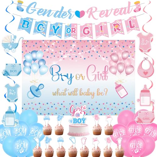 Image of Baby Gender Reveal Decoration Set - 40 Pcs Pink and Blue Boy or Girl Banners, Hanging Swirls, Backdrop, Cake Topper and Latex Balloons for Baby Shower Decorations