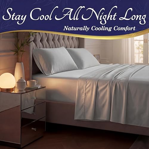 Image of DECOLURE 100% Viscose Derived from Bamboo Sheets California King Size - Luxury 4 Pc Naturally Cooling Sheets, Ultra Soft Bed Set - Deep 17 inch Pockets, Double Stitching, Oeko Tex Standard (Light Grey)